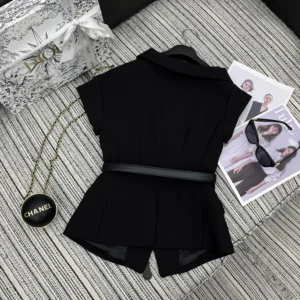 Dior Women Asymmetric Short-Sleeved Jacket with Belt Black Silk and Cotton Faille