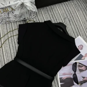 Dior Women Asymmetric Short-Sleeved Jacket with Belt Black Silk and Cotton Faille