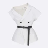 Dior Women Asymmetric Short-Sleeved Jacket with Belt Ecru Virgin Wool and Silk Grain de Poudre