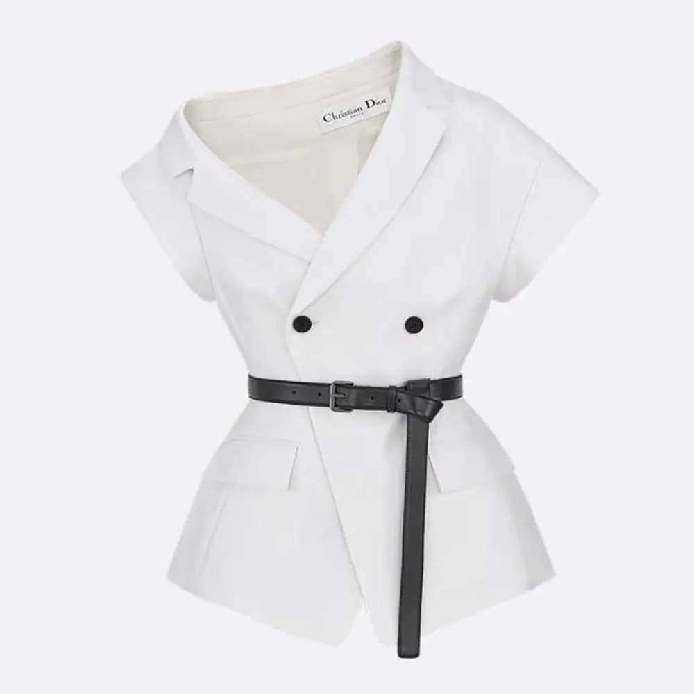 Dior Women Asymmetric Short-Sleeved Jacket with Belt Ecru Virgin Wool and Silk Grain de Poudre 1 Dior Women Asymmetric Short-Sleeved Jacket with Belt Ecru Virgin Wool and Silk Grain de Poudre