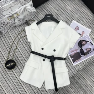 Dior Women Asymmetric Short-Sleeved Jacket with Belt Ecru Virgin Wool and Silk Grain de Poudre