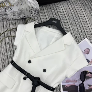Dior Women Asymmetric Short-Sleeved Jacket with Belt Ecru Virgin Wool and Silk Grain de Poudre