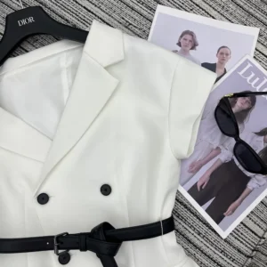 Dior Women Asymmetric Short-Sleeved Jacket with Belt Ecru Virgin Wool and Silk Grain de Poudre