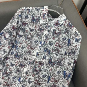 Dior Women Blouse White Cotton Muslin with Multicolor Toile de Jouy Papillon Motif