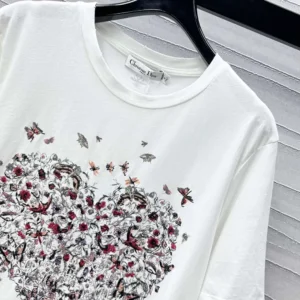 Dioramour Embroidered T-Shirt White Cotton and Linen Jersey