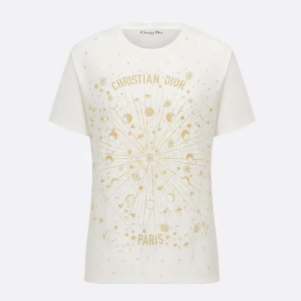 Dior Women Embroidered T-Shirt White Cotton Jersey with Gold-Tone