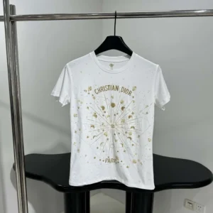 Embroidered T-Shirt White Cotton Jersey with Gold-Tone Dior Astral Motif