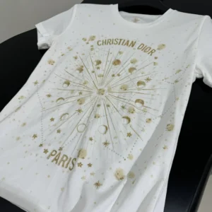 Embroidered T-Shirt White Cotton Jersey with Gold-Tone Dior Astral Motif