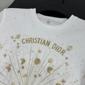 Embroidered T-Shirt White Cotton Jersey with Gold-Tone Dior Astral Motif
