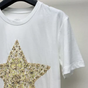 Embroidered T-Shirt White Cotton and Linen Jersey