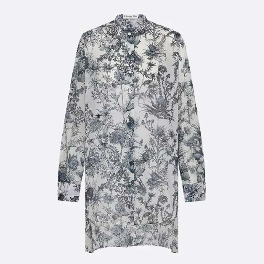 Dior Women Long Blouse White Cotton Muslin with Blue Dior Chardons Motif 1 Dior Women Long Blouse White Cotton Muslin with Blue Dior Chardons Motif