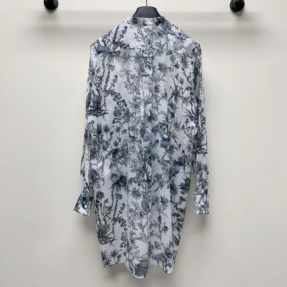 Dior Women Long Blouse White Cotton Muslin with Blue Dior Chardons Motif 2 Dior Women Long Blouse White Cotton Muslin with Blue Dior Chardons Motif