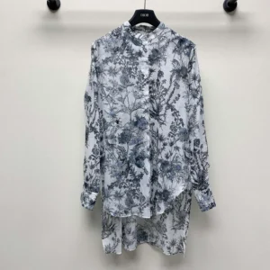Dior Women Long Blouse White Cotton Muslin with Blue Dior Chardons Motif