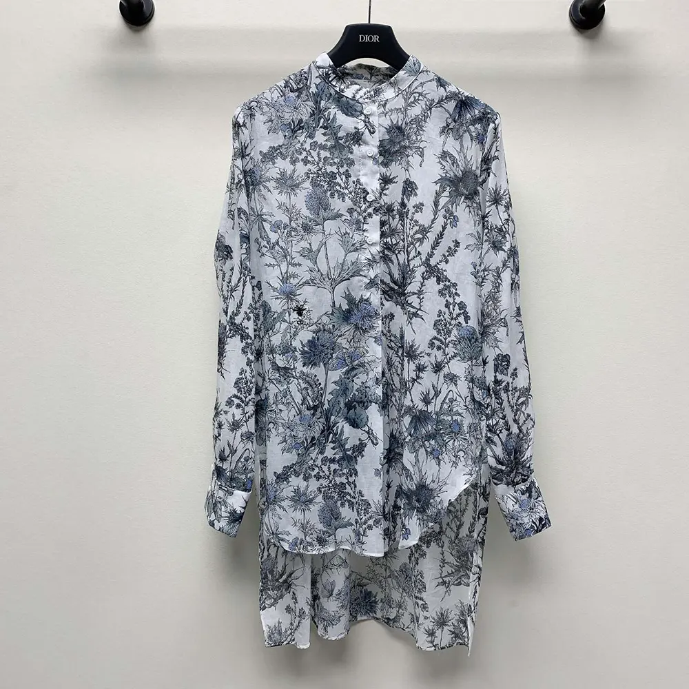 Dior Women Long Blouse White Cotton Muslin with Blue Dior Chardons Motif 3 Dior Women Long Blouse White Cotton Muslin with Blue Dior Chardons Motif