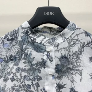 Dior Women Long Blouse White Cotton Muslin with Blue Dior Chardons Motif