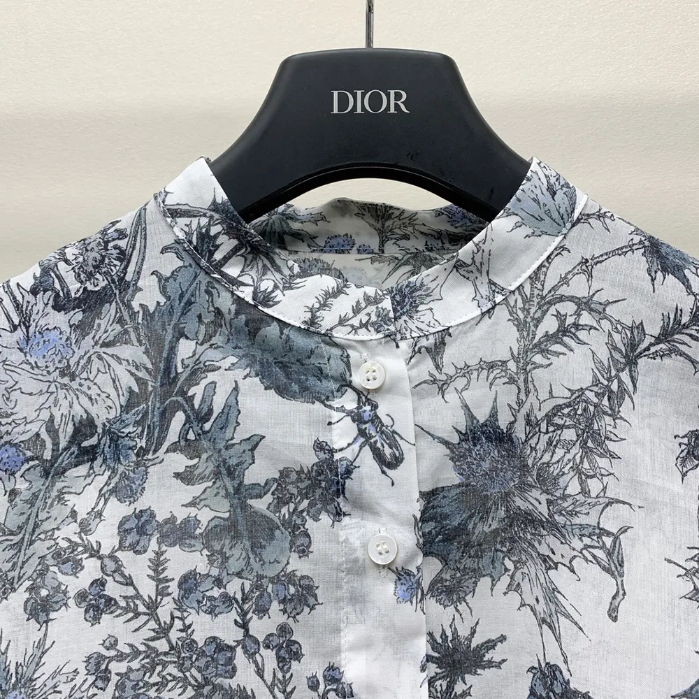 Dior Women Long Blouse White Cotton Muslin with Blue Dior Chardons Motif 5 Dior Women Long Blouse White Cotton Muslin with Blue Dior Chardons Motif