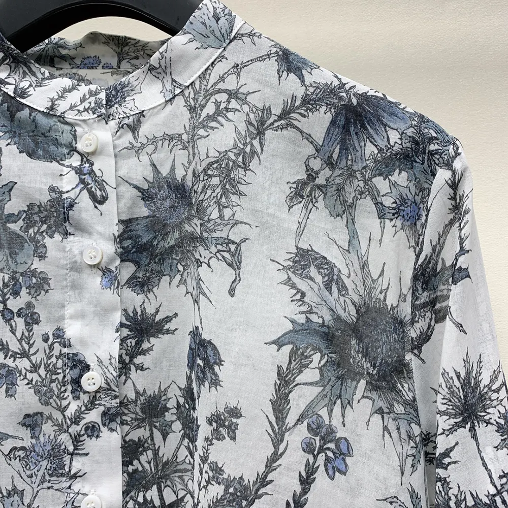 Dior Women Long Blouse White Cotton Muslin with Blue Dior Chardons Motif 9 Dior Women Long Blouse White Cotton Muslin with Blue Dior Chardons Motif