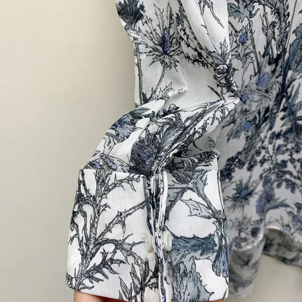 Dior Women Long Blouse White Cotton Muslin with Blue Dior Chardons Motif 7 Dior Women Long Blouse White Cotton Muslin with Blue Dior Chardons Motif
