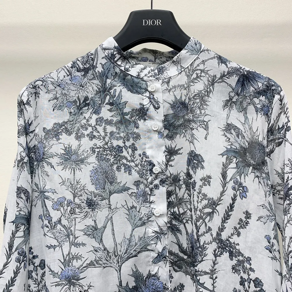 Dior Women Long Blouse White Cotton Muslin with Blue Dior Chardons Motif 4 Dior Women Long Blouse White Cotton Muslin with Blue Dior Chardons Motif