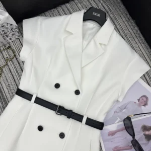 Dior Women Mid-Length Belted Dress Ecru Virgin Wool and Silk Grain de Poudre