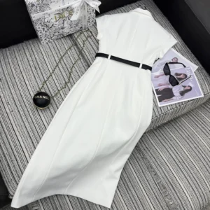 Dior Women Mid-Length Belted Dress Ecru Virgin Wool and Silk Grain de Poudre