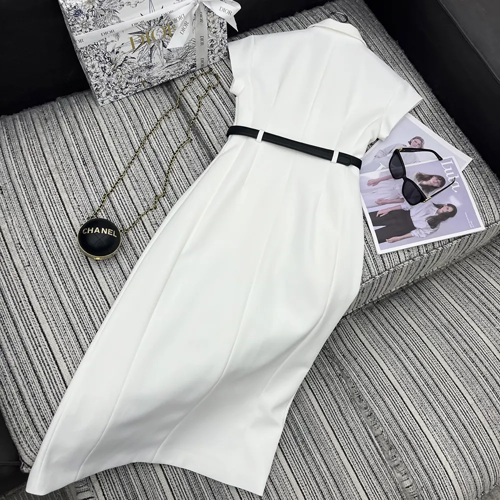 dior silk mid length dress Mid-Length Flared Dress with Belt White Wool and Silk Shantung