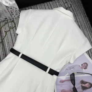 Dior Women Mid-Length Belted Dress Ecru Virgin Wool and Silk Grain de Poudre