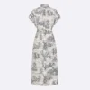 Dior Women Mid-Length Shirtdress White Cotton and Silk Poplin with Blue Toile de Jouy Scotland Motif