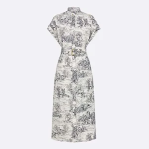Dior Women Mid-Length Shirtdress White Cotton and Silk Poplin with Blue Toile de Jouy Scotland Motif