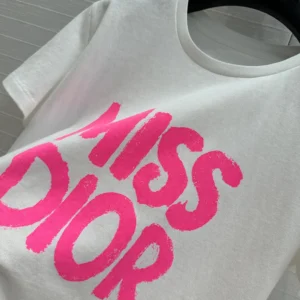 Dior Women Miss Dior T-Shirt White Cotton Jersey with Bright Pink Miss Dior Graffiti Motif
