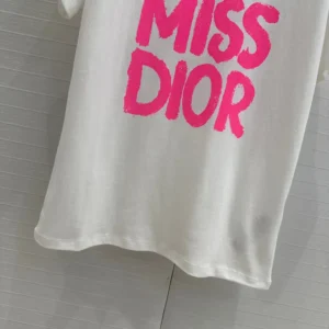 Dior Women Miss Dior T-Shirt White Cotton Jersey with Bright Pink Miss Dior Graffiti Motif