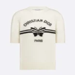 Short-Sleeved Sweater White Cashmere Knit with Black Christian Dior Papillon Motif