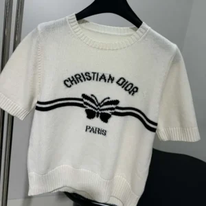 Short-Sleeved Sweater White Cashmere Knit with Black Christian Dior Papillon Motif