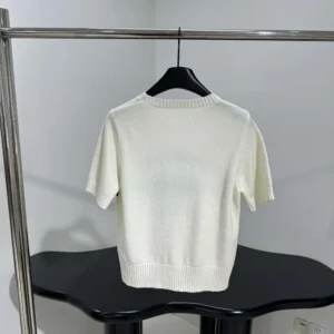 Short-Sleeved Sweater White Cashmere Knit with Black Christian Dior Papillon Motif
