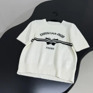 Short-Sleeved Sweater White Cashmere Knit with Black Christian Dior Papillon Motif
