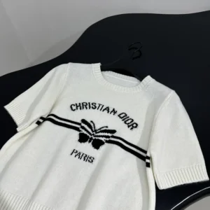 Short-Sleeved Sweater White Cashmere Knit with Black Christian Dior Papillon Motif