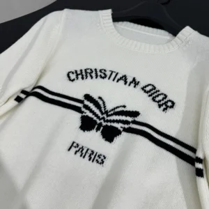 Short-Sleeved Sweater White Cashmere Knit with Black Christian Dior Papillon Motif