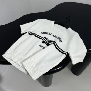 Short-Sleeved Sweater White Cashmere Knit with Black Christian Dior Papillon Motif