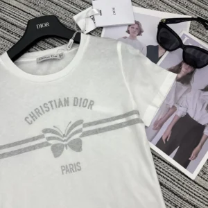 Dior Men T-Shirt White Cotton and Linen Jersey with Gray Christian Dior Papillon Motif