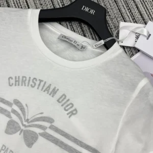 Dior Men T-Shirt White Cotton and Linen Jersey with Gray Christian Dior Papillon Motif