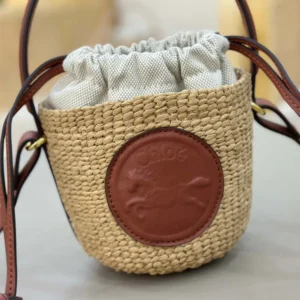 Chloe Women Mini Horse Medal Basket Bag in Natural Fibers-Brown