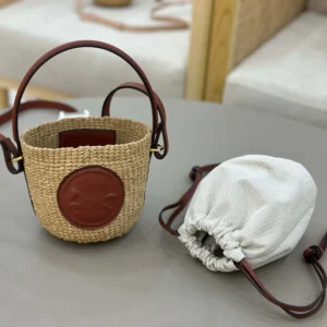 Chloe Women Mini Horse Medal Basket Bag in Natural Fibers-Brown