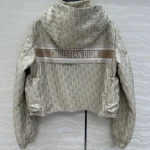 Dior Women Cropped Hooded Jacket Beige Technical Jacquard Taffeta with Dior Oblique Motif