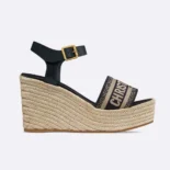 Dior Women Dway Wedge Sandal Deep Blue Calfskin and Embroidered Cotton