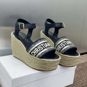 Dior Women Dway Wedge Sandal Deep Blue Calfskin and Embroidered Cotton