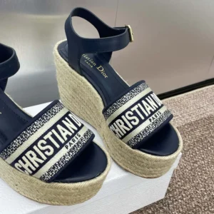 Dior Women Dway Wedge Sandal Deep Blue Calfskin and Embroidered Cotton