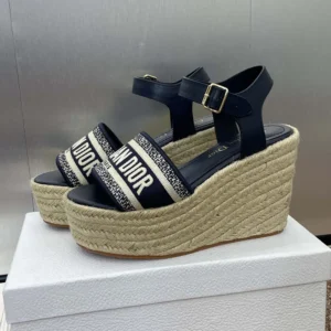 Dior Women Dway Wedge Sandal Deep Blue Calfskin and Embroidered Cotton