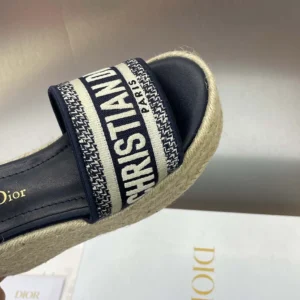 Dior Women Dway Wedge Sandal Deep Blue Calfskin and Embroidered Cotton