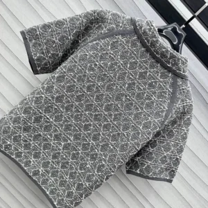 Dior Women Macrocannage Short-Sleeved Jacket Gray Cotton-Blend Tweed Knit