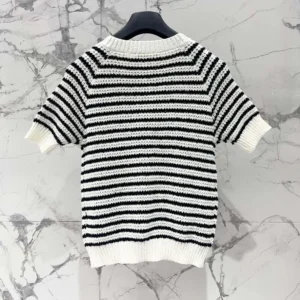 Dior Women Marinière Short-Sleeved Sweater White and Navy Blue Cotton and Silk Knit